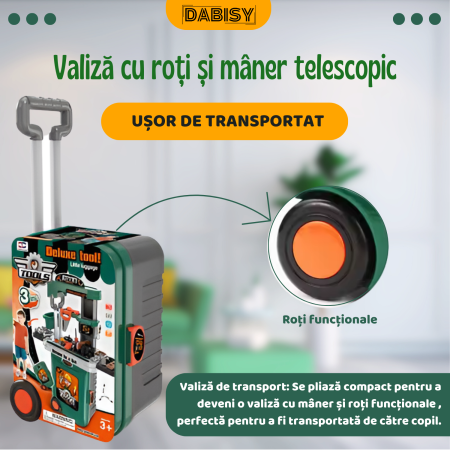 Set valiza cu unelte pentru copii, 3-in-1, Dabisy, model interactiv, valiza si accesorii, masa extensibila, portabila, 3+ ani, culoare verde gri [3]