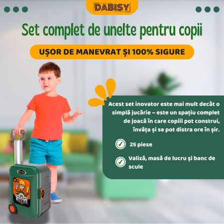Set valiza cu unelte pentru copii, 3-in-1, Dabisy, model interactiv, valiza si accesorii, masa extensibila, portabila, 3+ ani, culoare verde gri [1]