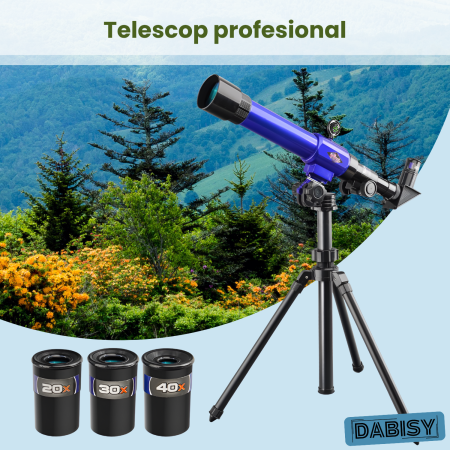 Telescop cu trepied pentru copii, DABISY, model C2104, calibru 51mm, oculare 20x 30x si 40x, suport stabil, portabil, focus fix, albastru [1]