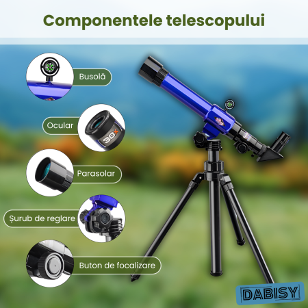Telescop cu trepied pentru copii, DABISY, model C2104, calibru 51mm, oculare 20x 30x si 40x, suport stabil, portabil, focus fix, albastru [4]