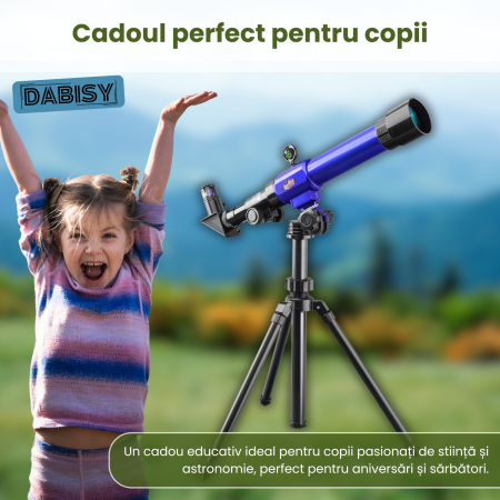 Telescop cu trepied pentru copii, DABISY, model C2104, calibru 51mm, oculare 20x 30x si 40x, suport stabil, portabil, focus fix, albastru [5]