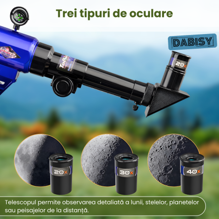 Telescop cu trepied pentru copii, DABISY, model C2104, calibru 51mm, oculare 20x 30x si 40x, suport stabil, portabil, focus fix, albastru [3]