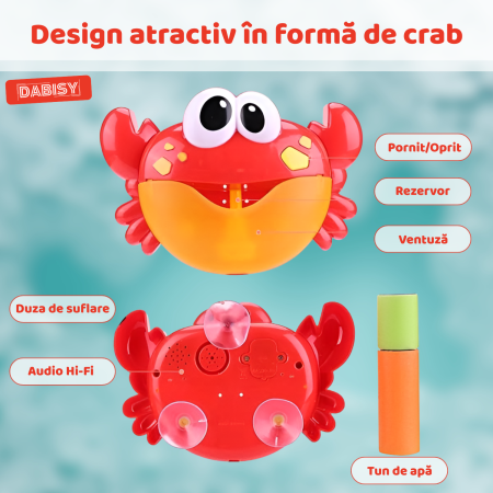 Jucarie de baie pentru copii, DABISY, model CRAB, automata, cu muzica si ventuze, 12 melodii, jucarie interactiva pentru baie, cadou 3-6 ani, rosu [6]