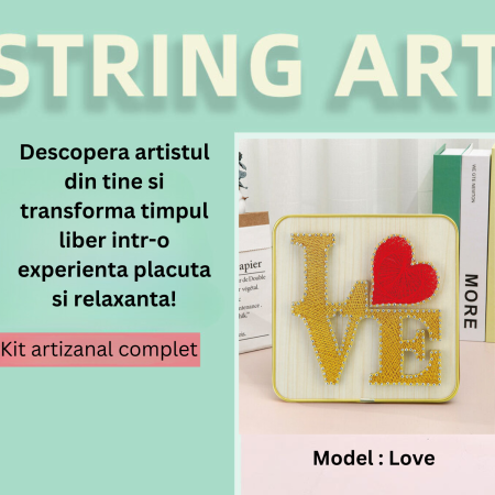 Kit artizanal String Art cu fire, model LOVE, efect 3D, suport de lemn pre-perforat, handmande, 20 x 20 cm [3]