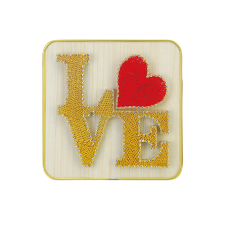 STRING ART - Kit artizanal String Art cu fire, model LOVE, efect 3D, suport de lemn pre-perforat, handmande, 20 x 20 cm