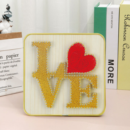 Kit artizanal String Art cu fire, model LOVE, efect 3D, suport de lemn pre-perforat, handmande, 20 x 20 cm [2]