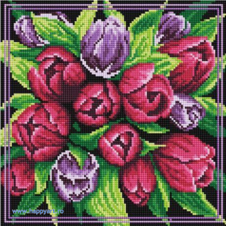 Goblenuri cu diamante - Kit goblen cu diamante Buchet de lalele, cu sasiu, 30X30 cm, 16 culori