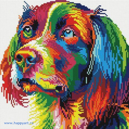 Goblenuri cu diamante - Kit goblen cu diamante Caine colorat, cu sasiu, 30X30 cm, 20 culori
