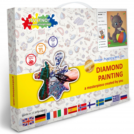 Kit goblen cu diamante, cu sasiu, Pisicuta cu mingea, 17X22 cm, diamante rotunde, 13 culori, nivel mediu, X007 [2]