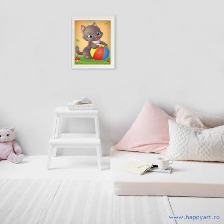 Kit goblen cu diamante, cu sasiu, Pisicuta cu mingea, 17X22 cm, diamante rotunde, 13 culori, nivel mediu, X007 [1]