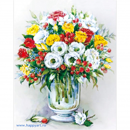 Goblenuri cu diamante - Kit goblen cu diamante, cu sasiu, Buchet cu fructe de padure rosii, 40X50 cm, diamante rotunde, 24 culori, nivel avansat, LG148