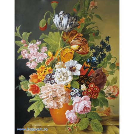 Goblenuri cu diamante - Kit goblen cu diamante, cu sasiu, Buchet in vaza, 40X50 cm, diamante rotunde, 29 culori, nivel avansat, LG204