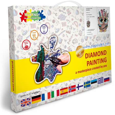 Kit goblen cu diamante, cu sasiu, Bufnita indian, 20X30 cm, diamante rotunde, 21 culori, nivel avansat, LC035 [2]
