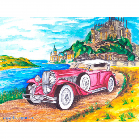 Goblenuri cu diamante - Kit goblen cu diamante, cu sasiu, Cadillac, 30X40 cm, diamante rotunde, 23 culori, nivel avansat, LE041