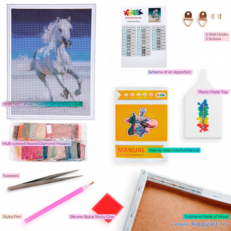 Kit goblen cu diamante, cu sasiu, Cal alb, 40X50 cm, diamante rotunde, 25 culori, nivel avansat, LG192 [1]