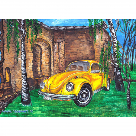 Goblenuri cu diamante - Kit goblen cu diamante, cu sasiu, Yellow car, 30X40 cm, diamante rotunde, 23 culori, nivel avansat, LE039