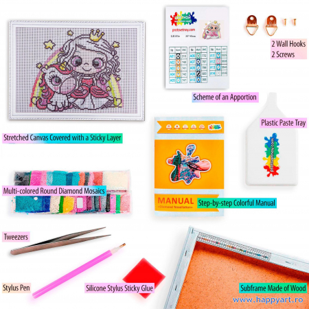 Kit goblen cu diamante, cu sasiu, Mica printesa cu unicornul, 30X40 cm, diamante rotunde, 30 culori, nivel avansat, LE105 [1]