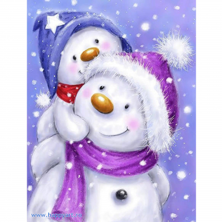 Goblenuri cu diamante - Kit goblen cu diamante, cu sasiu, Happy snowman family, 30X40 cm, diamante rotunde, 27 culori, nivel avansat, LE124