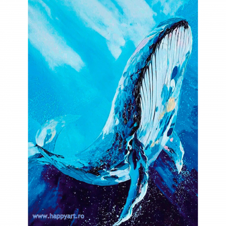 Goblenuri cu diamante - Kit goblen cu diamante, cu sasiu, Balena maiestuoasa, 40X50 cm, diamante rotunde, 13 culori, nivel avansat, LG244