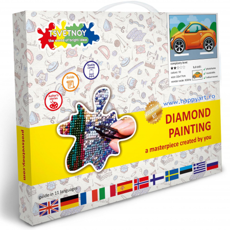 Kit goblen cu diamante, cu sasiu, Masini mici porto, 17X22 cm, diamante rotunde, 10 culori, nivel incepator, X004 [3]