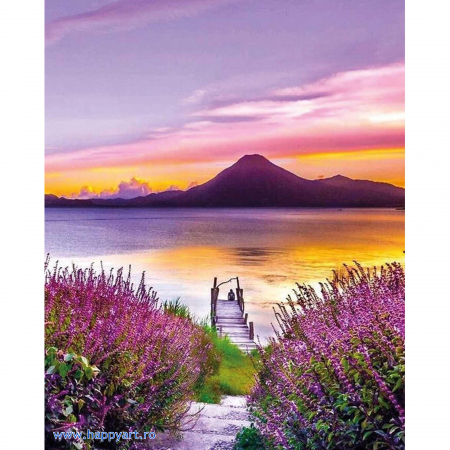 Goblenuri cu diamante - Kit goblen cu diamante, cu sasiu, Lilac sunset, 40X50 cm, diamante rotunde, 33 culori, nivel avansat, LG293