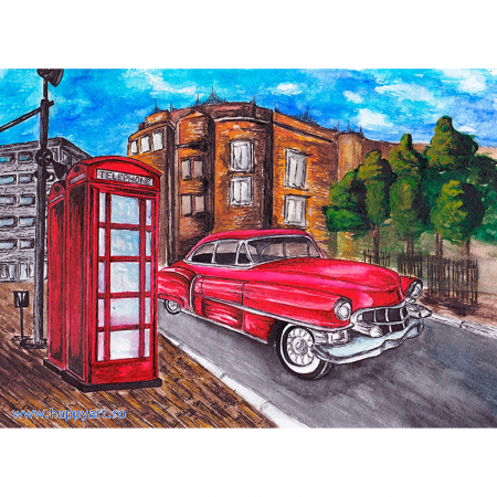 Goblenuri cu diamante - Kit goblen cu diamante, cu sasiu, Masina si cabina telefonica, 30X40 cm, diamante rotunde, 24 culori, nivel avansat, LE040