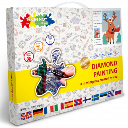 Kit goblen cu diamante, cu sasiu, Renul Craciunului, 17X22 cm, diamante rotunde, 9 culori, nivel incepator, X018 [2]