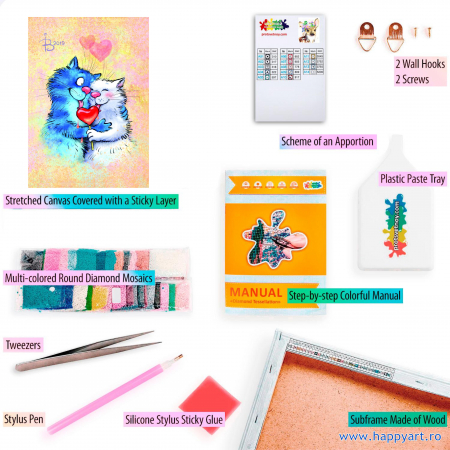 Kit goblen cu diamante, cu sasiu, Pisici - Impartasind fericirea, 40X50 cm, diamante rotunde, 21 culori, nivel avansat, LG271 [1]