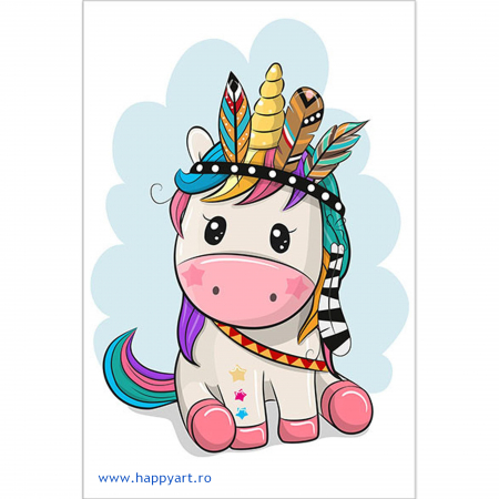 Goblenuri cu diamante - Kit goblen cu diamante, cu sasiu, Micul unicorn indian, 20X30 cm, diamante rotunde, 24 culori, nivel mediu, LC044