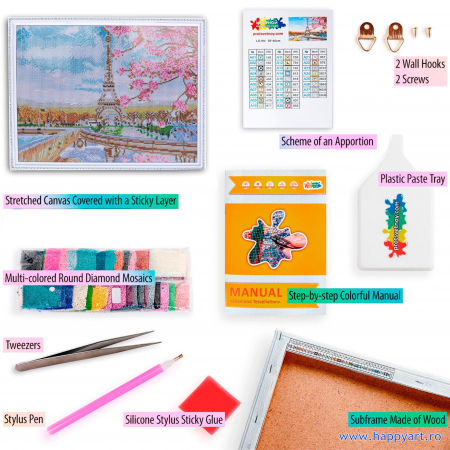 Kit goblen cu diamante, cu sasiu, Parisul inflorit, 40X50 cm, diamante rotunde, 28 culori, nivel avansat, LG194 [3]