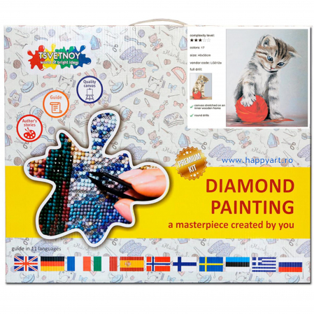 Kit goblen cu diamante, cu sasiu, Pisicuta cu ghem rosu, 40X50 cm, diamante rotunde, 17 culori, nivel avansat, LG012 [3]
