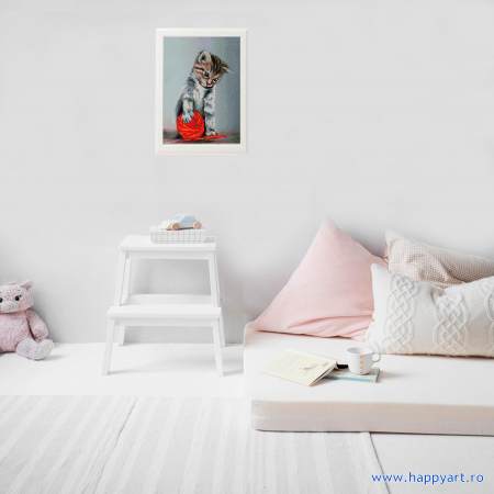 Kit goblen cu diamante, cu sasiu, Pisicuta cu ghem rosu, 40X50 cm, diamante rotunde, 17 culori, nivel avansat, LG012 [2]
