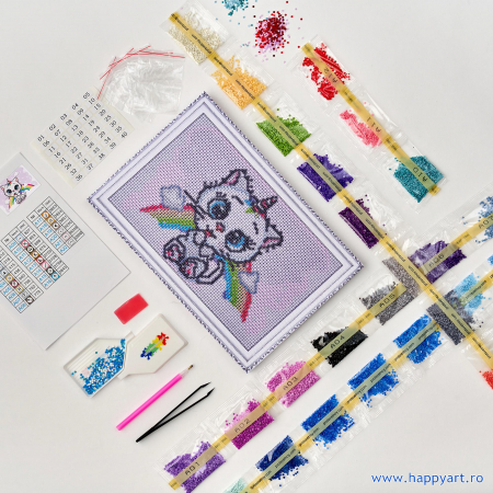 Kit goblen cu diamante, cu sasiu, Pisoi unicorn dragut, 20X30 cm, diamante rotunde, 19 culori, nivel mediu, LC039 [5]