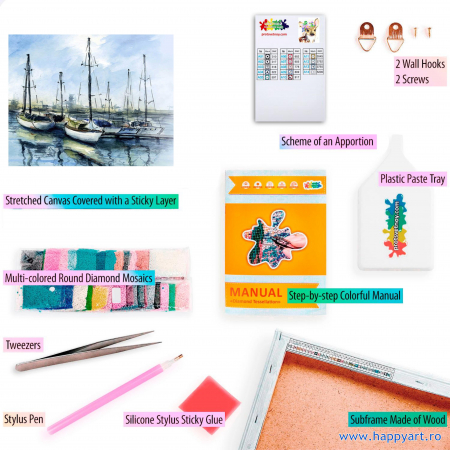 Kit goblen cu diamante, cu sasiu, Barci in port, 40X50 cm, diamante rotunde, 25 culori, nivel avansat, LG300 [1]