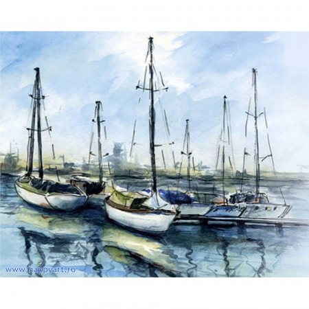 Goblenuri cu diamante - Kit goblen cu diamante, cu sasiu, Barci in port, 40X50 cm, diamante rotunde, 25 culori, nivel avansat, LG300