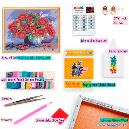 Kit goblen cu diamante, cu sasiu, Red bouquet, 40X50 cm, diamante rotunde, 29 culori, nivel avansat, LG206 [1]