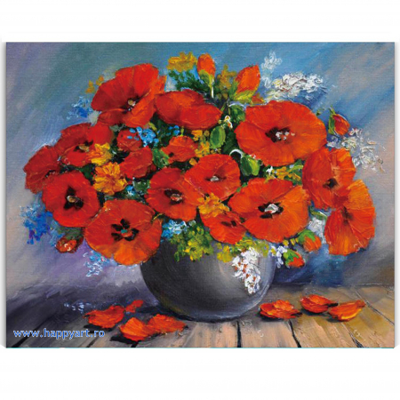 Goblenuri cu diamante - Kit goblen cu diamante, cu sasiu, Red bouquet, 40X50 cm, diamante rotunde, 29 culori, nivel avansat, LG206