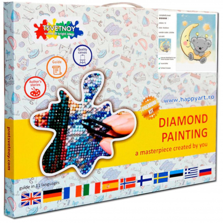 Kit goblen cu diamante, cu sasiu, Ursulet pe luna, 20X30 cm, diamante rotunde, 15 culori, nivel mediu, LC016 [2]