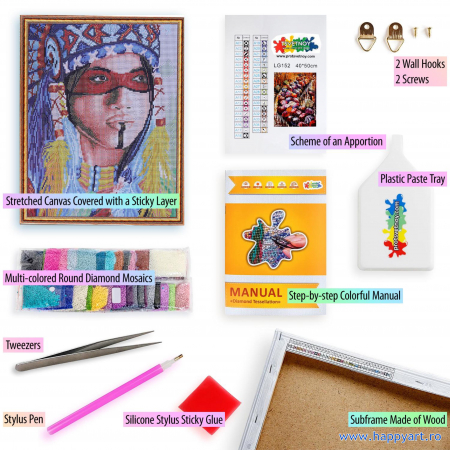 Kit goblen cu diamante, cu sasiu, Femeie americana bastinasa, 40X50 cm, diamante rotunde, 30 culori, nivel avansat, LG234 [3]
