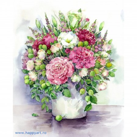 Goblenuri cu diamante - Kit goblen cu diamante, cu sasiu, Bujori in vaza, 40X50 cm, diamante rotunde, 31 culori, nivel avansat, LG025