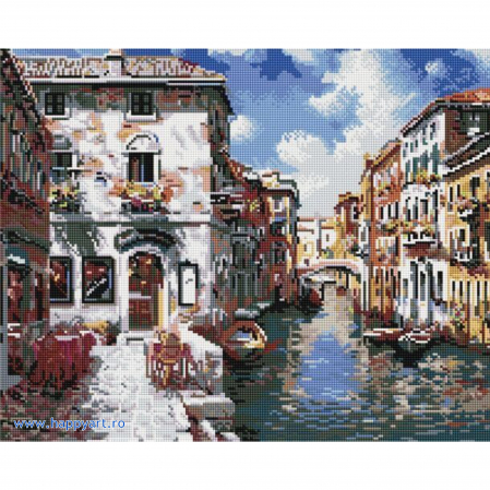 Goblenuri cu diamante - Kit goblen cu diamante Venetia romantica, cu sasiu, 40X50 cm, 32 culori