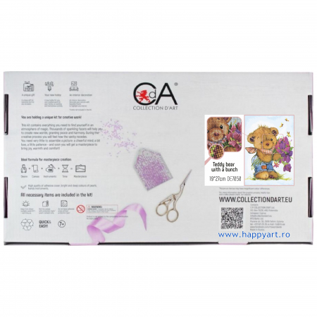 Kit goblen cu diamante, fara sasiu, Teddy Bear cu buchet, 19X27 cm, diamante patrate, 37 culori, nivel avansat, DE7050 [3]