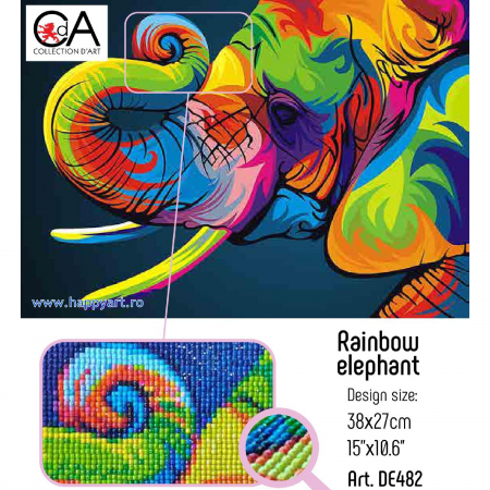 Kit goblen cu diamante, fara sasiu, Elefant curcubeu, 38X27 cm, diamante patrate, 41 culori, nivel avansat, DE482 [1]