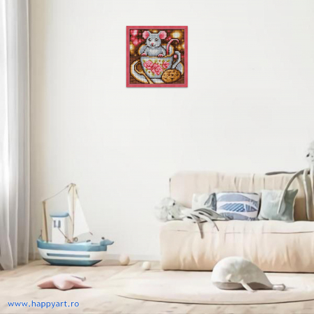 Kit goblen cu diamante, fara sasiu, Soricel in ceasca, 15X15 cm, diamante patrate, 20 culori, nivel incepator, AM1813 [2]