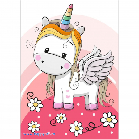 Goblenuri cu diamante - Kit goblen cu diamante, fara sasiu, Unicorn si floricele, 19X27 cm, diamante patrate, 25 culori, nivel mediu, DE7079
