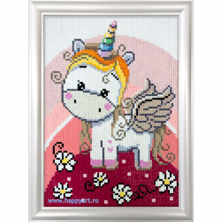 Kit goblen cu diamante, fara sasiu, Unicorn si floricele, 19X27 cm, diamante patrate, 25 culori, nivel mediu, DE7079 [3]
