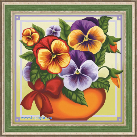 Goblenuri cu diamante - Kit goblen cu diamante, fara sasiu, Panselute, 15X15 cm, diamante patrate, 18 culori, nivel incepator, AM1636