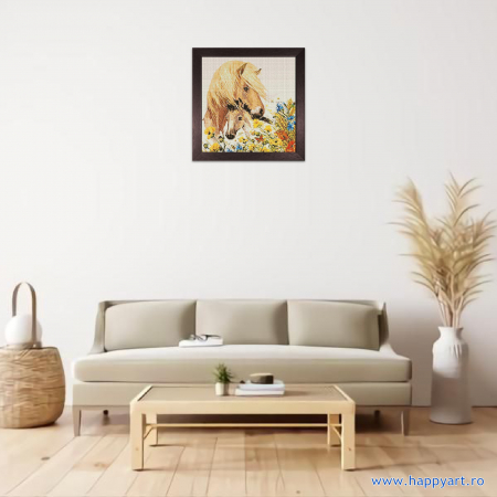 Kit goblen cu diamante, fara sasiu, Cai in familie, 38X38 cm, diamante patrate, 38 culori, nivel avansat, DE7002 [2]