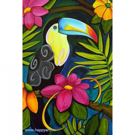 Goblenuri cu diamante - Kit goblen cu diamante, fara sasiu, Tucan tropical, 19X27 cm, diamante patrate, 45 culori, nivel avansat, DE7059