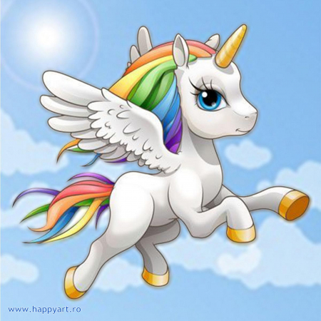 Goblenuri cu diamante - Kit goblen cu diamante, fara sasiu, Unicorn pe cer, 38X38 cm, diamante patrate, 36 culori, nivel avansat, DE7031